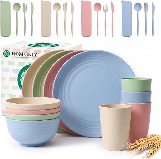 28 PCS Wheat Straw Dinnerware Sets Unbreakable Kitchen Plates and Bowls Set Camping Dish Set for 4 - Dinner Plates, Cereal Bowls, Travel Utensils Microwave & Dishwasher Safe (LightMulti)