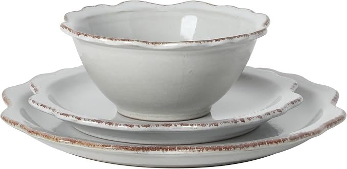 Gibson Elite Kennon Road Plates and Bowls Set, 12-Piece Dinnerware Set, White Scalloped Stoneware Dishes, Dinner Plates, Salad Plates & Cereal Bowls, Reactive Glaze
