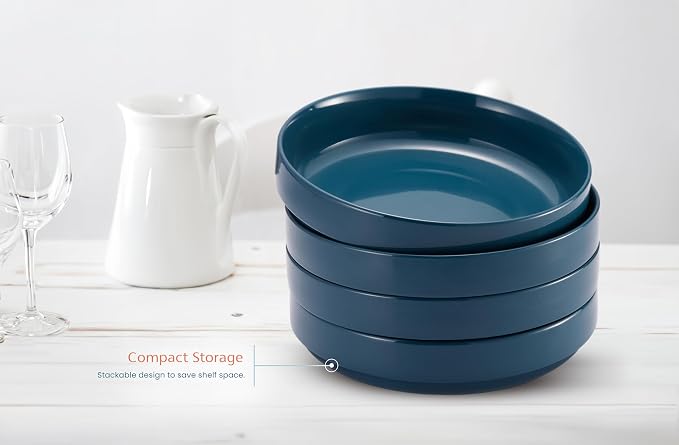 KooK Pasta Bowl, Bowl Plate, Low Bowl, Plate Bowls, Ceramic Large Shallow Bowls, Microwave and Dishwasher Safe, Great for Soups and Salads, Glossy Porcelain, 47 oz, Set of 4, Teal