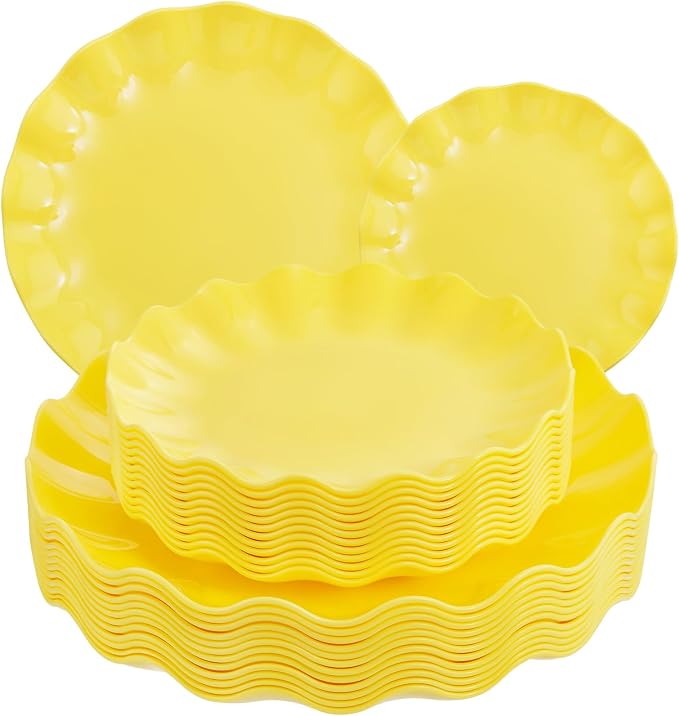 LIYH 24Pcs Yellow Plastic Plates Reusable, Dinner And Salad Set For Parties | Heavy Duty Scalloped Unbreakable Tableware, Reusable Or Disposable Style For Spring Picnics, Birthdays, Holiday Dinners