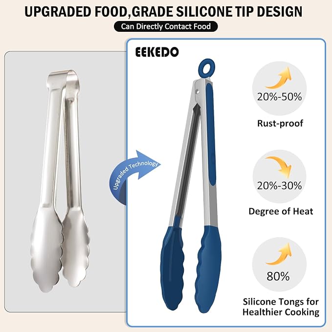 Tongs for Cooking, 600ºF High Heat-Resistant Stainless Steel Kitchen Tongs with Silicone Tips, Non Scratch, Locking Tong for BBQ Grilling Air Fryer Food Salads, Set of 2 (9" and 12") Navy Blue
