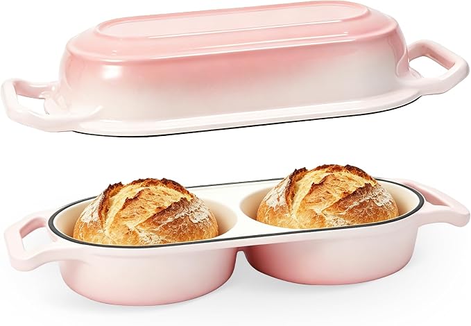 Double Enameled Cast Iron Dutch Oven for Sourdough Bread Baking – 2-in-1 Bread Baker with Lid, Dual Mini Loaf Pan, 500°F Oven Safe, Even Heating for Artisan Bread, Nonstick Enamel