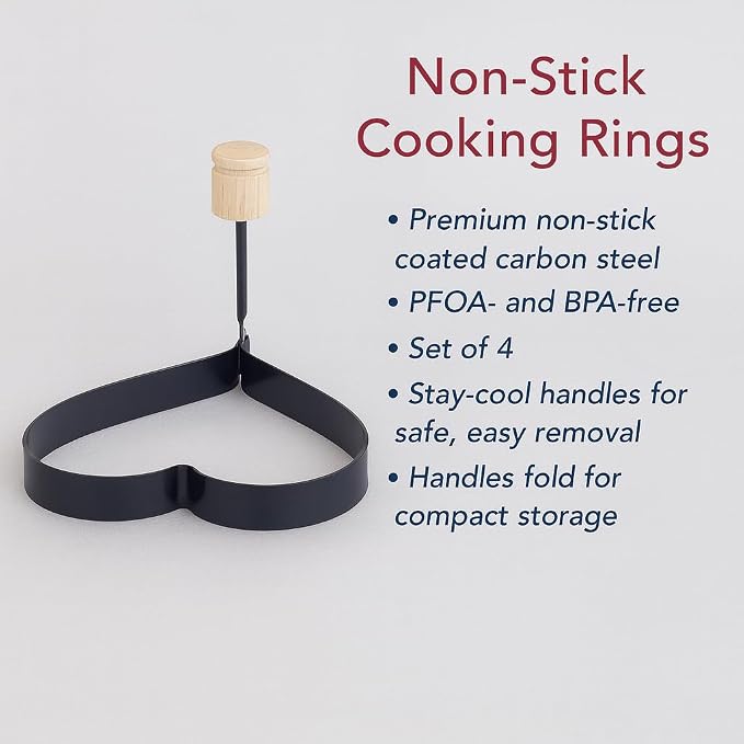 HIC Kitchen Non-Stick Egg and Pancake Cooking Rings, Heart Shaped, Non-Stick Carbon Steel; PFOA and BPA Free, Set of 4