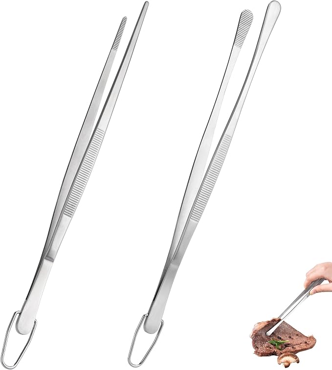 U-Taste Kitchen Cooking Tweezers, 18/8 Stainless Steel Tongs Set of 2, 12in | Food-Grade Metal Food Tongs Set, Seamless-Welding, Long Professional Chef Tweezer for Plating Serving Grilling Frying Feeding