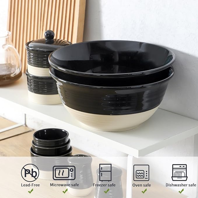 HASENSE Large Ceramic Serving Bowls Set of 2, 84 Oz 9 Inch Black & Beige Stoneware Mixing Bowls, Farmhouse Bowls for Salad, Soup, Popcorn & Baking, Dishwasher & Microwave Safe