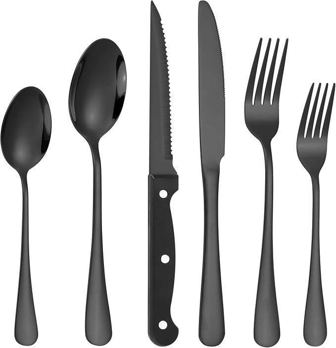 Lazycorner 53 Piece Black Silverware Set for 8, Flatware Set with Steak Knives for 8 and 5 Serving Use Set 18/10 Stainless Steel Serving Utensils Set Cutlery Set For Restaurant Hotel Dishwasher Safe