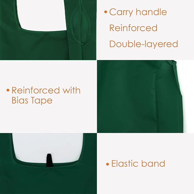 BeeGreen Christmas Green Reusable Grocery Bags with Zipper Storage Pouch 10 Packs Dark Green Reusable Shopping Bags Bulk Foldable-Machine Washable