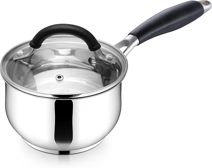 E-far 1 Quart Saucepan with Lid, Small Stainless Steel Sauce Pan for Milk | Tri-Ply Base, Multipurpose Pot for Kitchen Cooking, Compatible with All Cooktops, Silicone Handle, Non-toxic, Dishwasher Safe