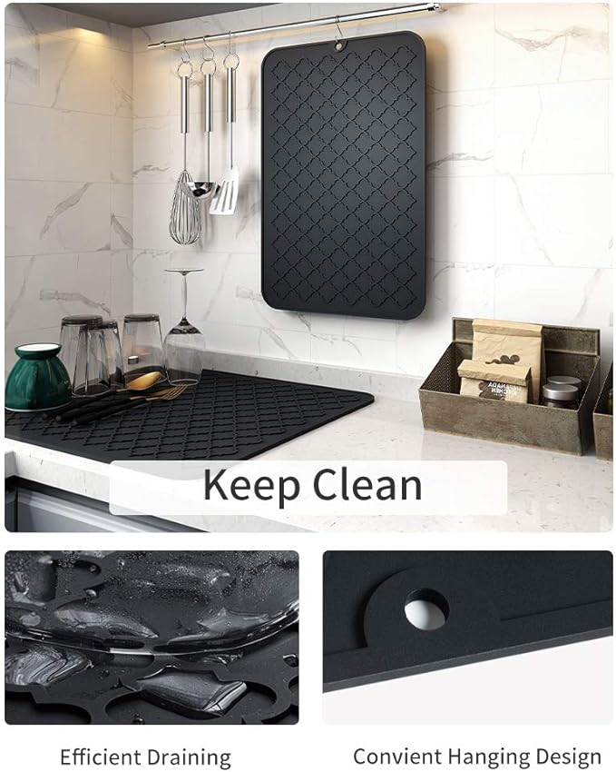AMOAMI-Dish Drying Mats for Kitchen Counter-Silicone Dish Drying Mat-Kitchen Dish Drying Pad Heat Resistant Mat-Kitchen Gadgets Kitchen Accessories Kitchen Small Appliances(16" x 18", BLACK)
