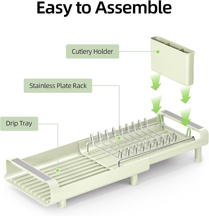 TOOLF Small Dish Drying Rack, Expandable and Space-Saving, Grayish Green | Mini Dish racks for kitchen counter, Compact Design Fits Sink or Counter, Stainless Steel Plate Rack, 11"-19.3"L×7.7"W×3.54"H