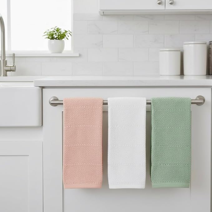 Sage Pink White Kitchen Hand Dish Towels, Set of 3, 100% Cotton, 18" x 28" | Terry Loop Textured, Soft & Absorbent Cleaning Cloth, Quick Dry, Multipurpose for Everyday Use