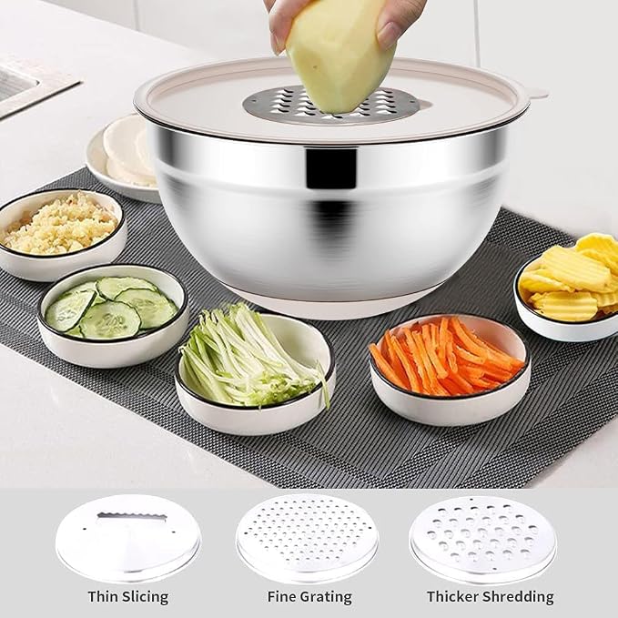 Rottay 20PCS Stainless Steel Mixing Bowls with Airtight Lids Set | Includes 3 Grater Attachments and Non-Slip Bottoms with Size 7, 4, 3, 2, 1.5, 1QT Nesting Bowls for Baking, Meal Prep