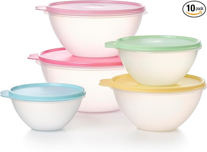 Tupperware Wonderlier 10-Piece Vintage Pastel Set (5 Bowls + 5 Lids) | Plastic Food Storage Mixing Bowl with Secure Lids, BPA Free Materials, & Dishwasher-Safe for Kitchen Storage or Meal Prep