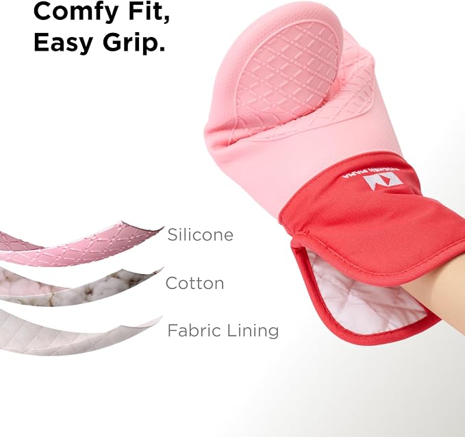 Kitchen Mama UltraShield Silicone Oven Mitts, Red | Heat Resistant, Non-Slip Surface, Waterproof, Flexible, Durable