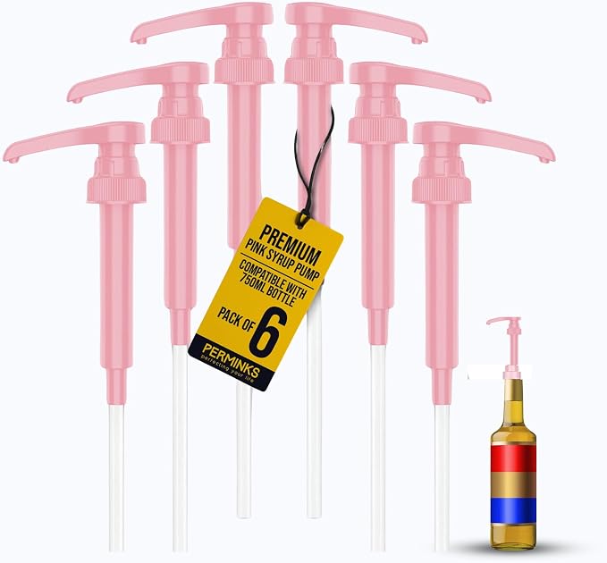 Premium Syrup Pump Compatible with Torani 750 ml Bottle, Davinci Syrups - No Spill, No Clog Syrup Pump Dispenser for Vanilla, Snow Cone, Blueberry, Coffee Flavoring & More (Pack of 6, Pink)