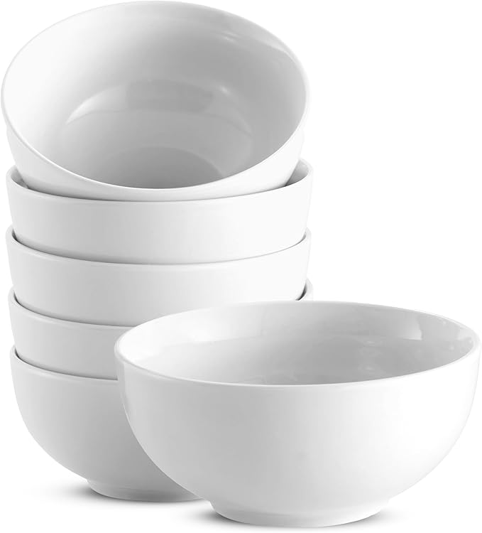 KooK Ceramic Soup bowls, Microwave, Dishwasher and Freezer Safe, Porcelain Dishes for Soup, Pasta, Salad, Oatmeal, Deep Interior, 24 oz, Set of 6, Marshmallow White