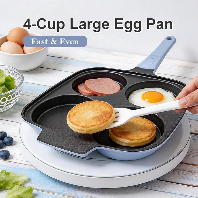 RANX INGST 4-Cup Egg Pan Nonstick with Lid 10 Inch Large Pancake Pan, Blue | Detachable Handle, Omelette Skillet Induction Compatible for Breakfast