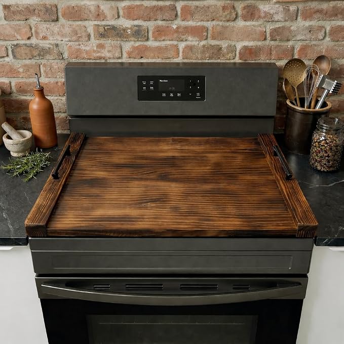 Noodle Board Stove Cover, 30 x 22 Inch Wooden Stove Top Cover with Handles, Pine Wood Stovetop Cover with Cross-Grain Dovetail Design for Extra Counter Space, Brown