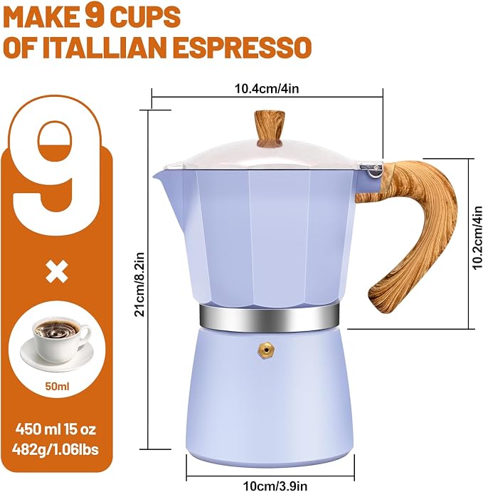 9 Cup Aluminum Espresso Stovetop Moka Pot Express Coffee Maker Percolator Italian Classic Mocha Coffee Machine for Italian and Cuban Cafe Brewing for Home & Camping 450ml 15oz