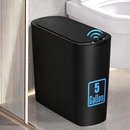 TIPGO 5 Gallon Automatic Bathroom Trash Can with Lid, Black, Touchless | Motion Sensor, Slim Smart Garbage Bin, Plastic Wastebasket, Battery Operated, Manual Button, for Bedroom, Office, RV