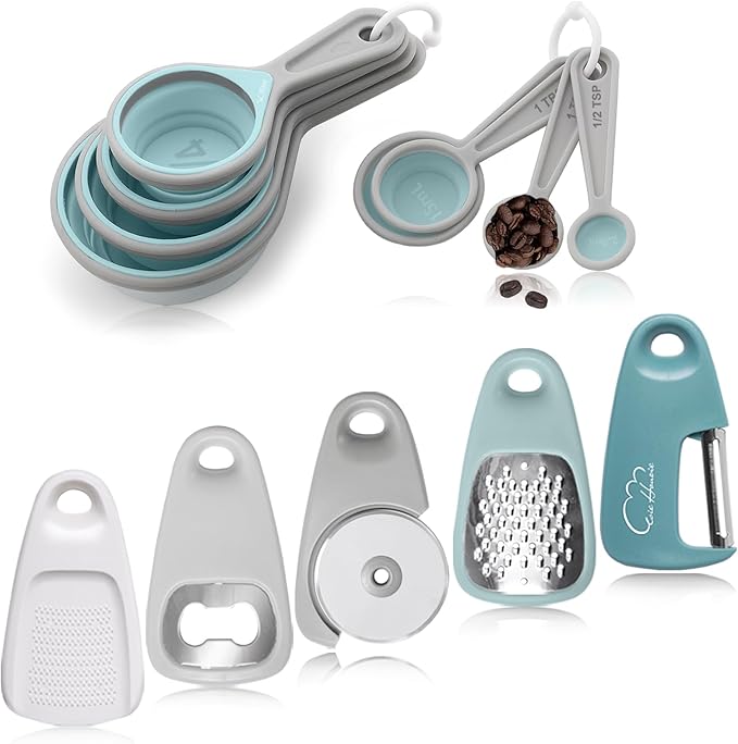 Kitchen Gadgets Set 13 Piece, Essentials for Kitchen RV Camper, Blue | Space Saving Cooking Tools, Includes Cheese Grater, Pizza Cutter, Peeler, Bottle Opener, Garlic Grinder