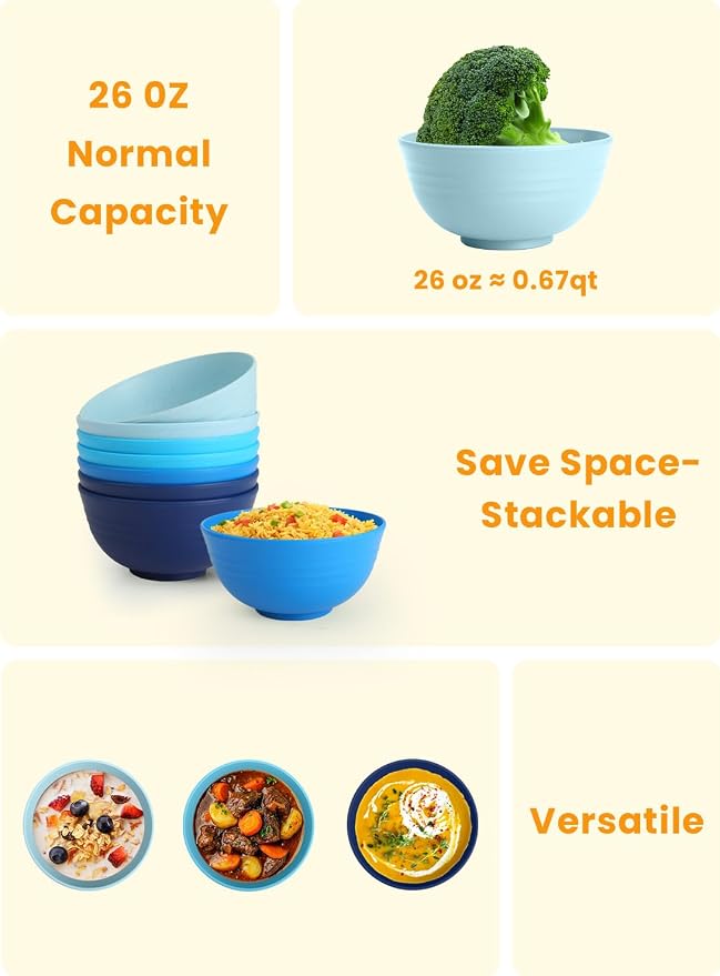 Wheat Straw Bowls, 8 PCS Microwave Safe Bowl Unbreakable for Salad, Soup, Cereal, Oatmeal, Reusable Plastic Bowls for Kithen, Family, Camping, Party, Dishwasher Safe, 26 OZ (Gradient Blue)