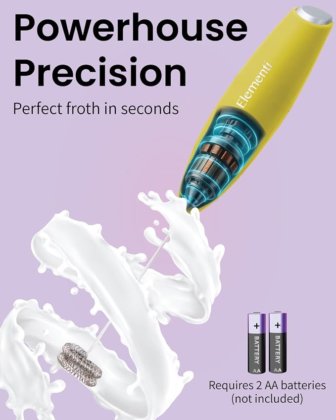 Elementi Milk Frother Wand - Easy to Use Handheld Electric Stirrer for Powder Drinks, Durable & Powerful Coffee Whisk & Protein Powder Mixer Wand, Hand Frother, Coffee Stirrers Electric (Yellow)