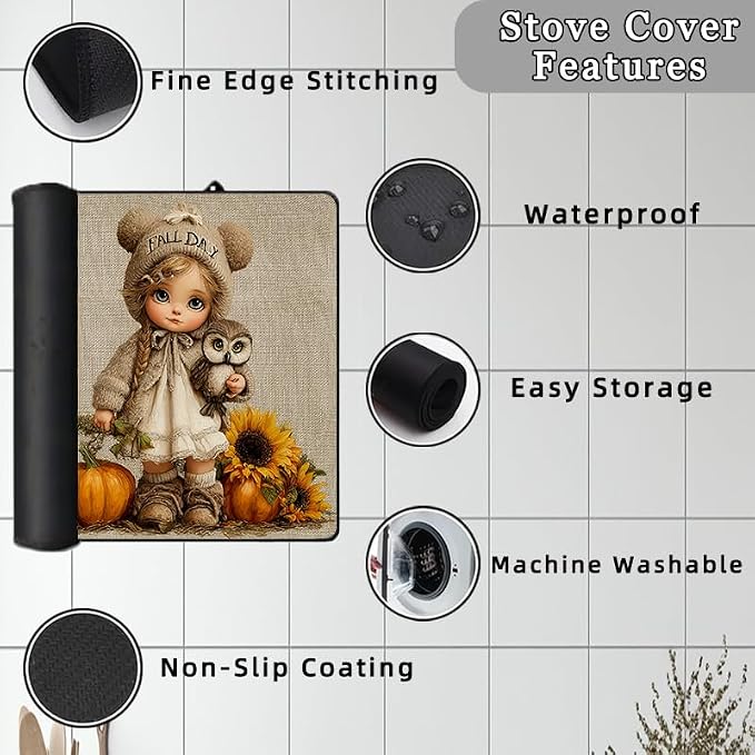 Fall Pumpkin Electric Stove Top Cover, Cute Doll & Owl Heat Resistant Glass Stove Top Cover for Electric Stove – Thanksgiving Day Glass Cooktop Protector Expands Usable Space