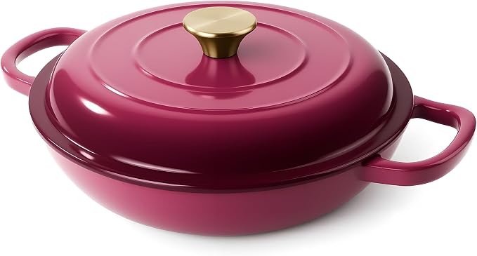 Vintage Style 3 Quart Enameled Cast Iron Braiser, Non Stick Enameled Cast Iron Skillet with Lid, Dutch Oven Skillet with lid up to 500°F for Oven, Stove, Grill, Shallow Dutch Oven for Cook, Bake (Rose)