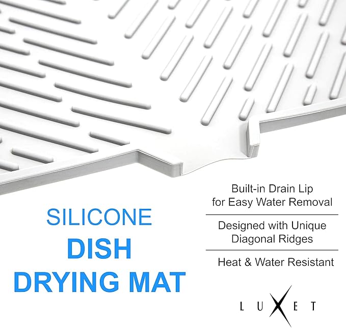 Silicone Dish Drying Mat with Built-in Drain Lip - Hygienic Drying Pad - Sturdy Compact Easy to Clean Tray Protects Surfaces Prevents Water Build Up - 23 X 17 (White)