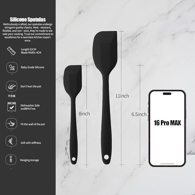 4 PCS Silicone Spatula,Rubber Spatula with Stainless Steel Core11 Inch Non-scratch Baking Cooking 8Inch Spatula Set Flexible Heat Resistant (Black)