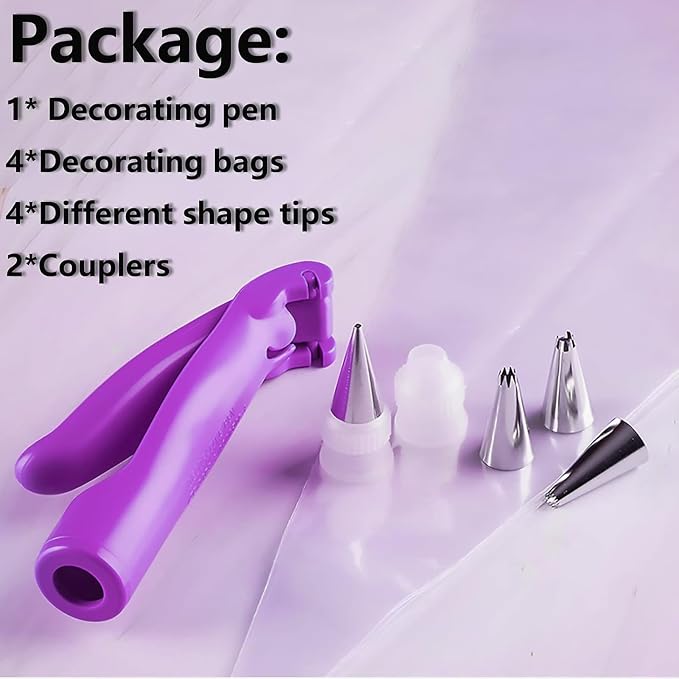 WAFJAMF Cake Decorating Pen Kit Pastry Icing Piping Bag Set Purple | Handheld control stainless steel tips for cupcakes, cookies, fondant; easy DIY baking tools for beginners