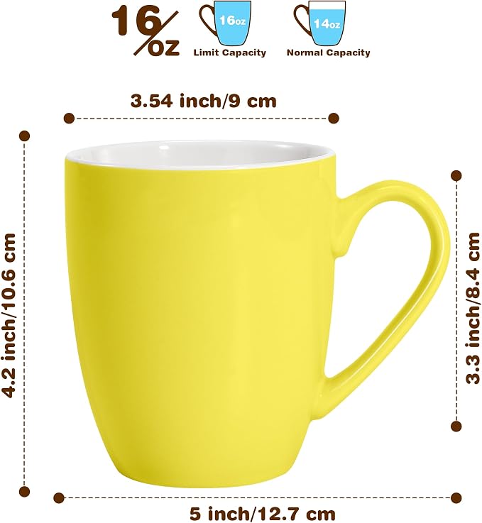 Urbanstrive 16 oz Large Coffee Mugs Set of 6 Ceramic Coffee Mug White Coffee Cups Tea Cups Idea Gift for Women Men House Warming Gifts New Home Office, Yellow 6 Pack