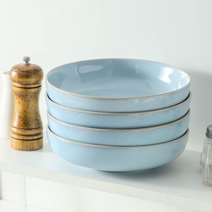 Ceramic Patsa Bowls, 34 oz Salad bowl Set of 4, Stoneware Serving Bowl for Eating, Salad, Rice, Cereal, Kitchen, Serving, Plate Bowls Set, Microwave & Dishwasher Safe, Skyblue
