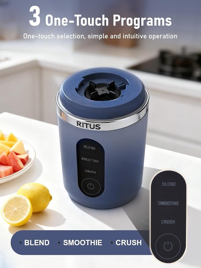 RITUS Cordless Portable Blender,Juice Blender,Removable Vessel-for-Smoothies Blend Ice Crush 3 Programs,20oz BPA Free Vessel Magnetic-Ring Dishwasher Safe, Leakproof，Blue