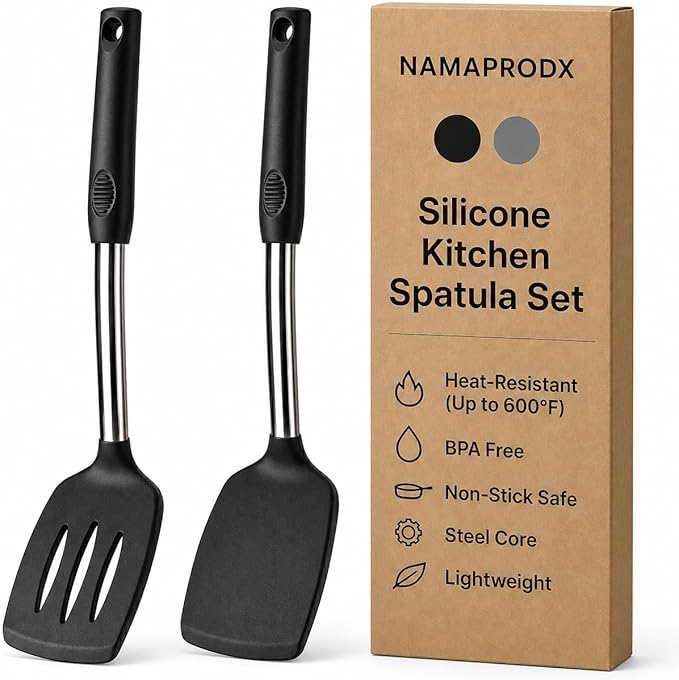 Silicone Spatula Set (2-Pc) - 600°F Heat Resistant, BPA-Free, Non-Scratch, Dishwasher Safe I Slotted & Solid Kitchen Spatula Turner I Ideal for Eggs, Pancakes, Fish I Stainless Steel I Black