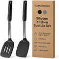 Silicone Spatula Set (2-Pc) - 600°F Heat Resistant, BPA-Free, Non-Scratch, Dishwasher Safe I Slotted & Solid Kitchen Spatula Turner I Ideal for Eggs, Pancakes, Fish I Stainless Steel I Black
