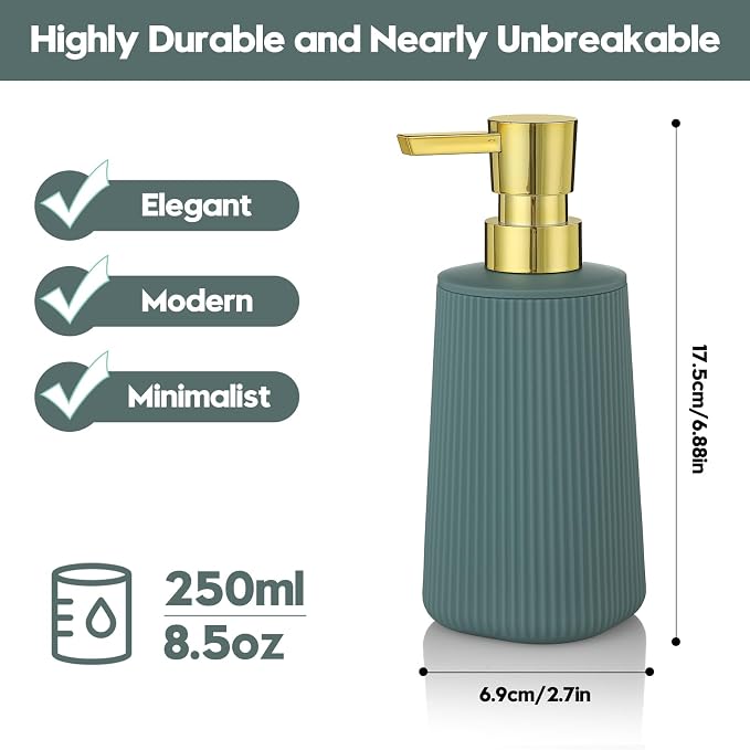 YAUKPH Small Soap Dispenser for Bathroom and Kitchen Matte Green and Gold | Modern Farmhouse Striped Style Plastic Hand Soap Dish Soap Dispenser with Pump