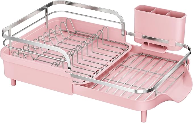 SAYZH Expandable Dish Drying Rack for Small Kitchen Counter, Pink | Stainless Steel, Protective Guardrail, Angled Drainboard, Fits High-Rim Sinks, Removable Utensil Holder