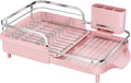 SAYZH Expandable Dish Drying Rack for Small Kitchen Counter, Pink | Stainless Steel, Protective Guardrail, Angled Drainboard, Fits High-Rim Sinks, Removable Utensil Holder