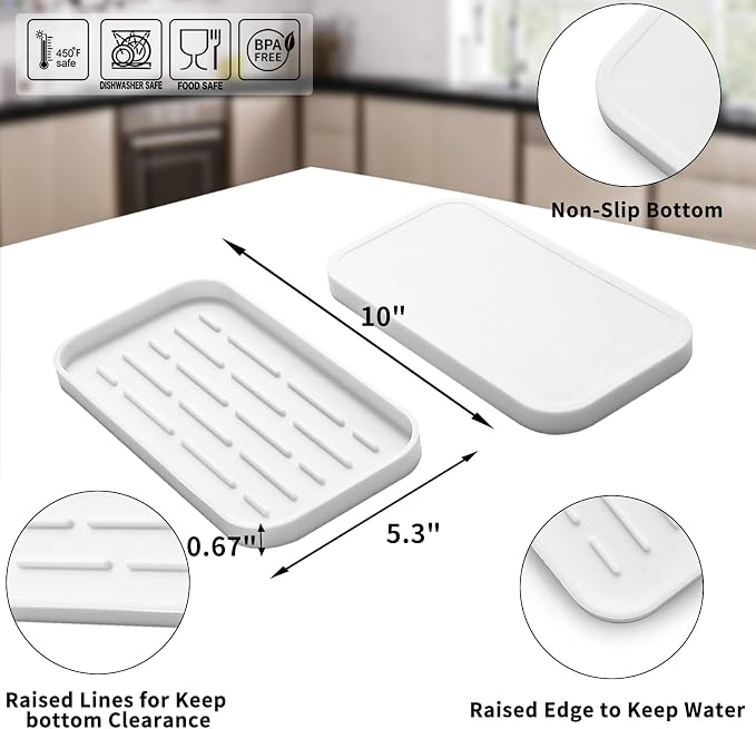 MicoYang Silicone Kitchen Sink Organizer Tray for Multiple Usage,Eco-Friendly Sponges Holder for Kitchen Bathroom Counter or Sink,Dish Soap Dispenser,Scrubber,Bottle,Cup (White, 10"×5.3")