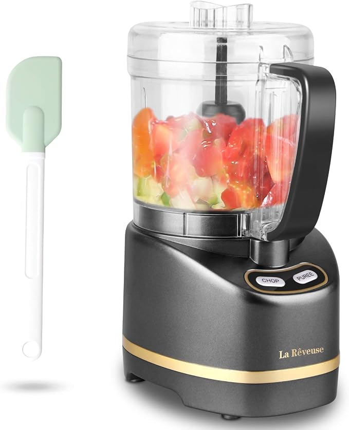 La Reveuse 2 Cup Mini Food Processor, Electric Chopper Small, Metallic Grey | for Mincing, Chopping, Grinding, Blending, Puree, 2 Pulse Speeds, Dishwasher Safe, (1) Spatula Included, 200 Watts, LARB1814B