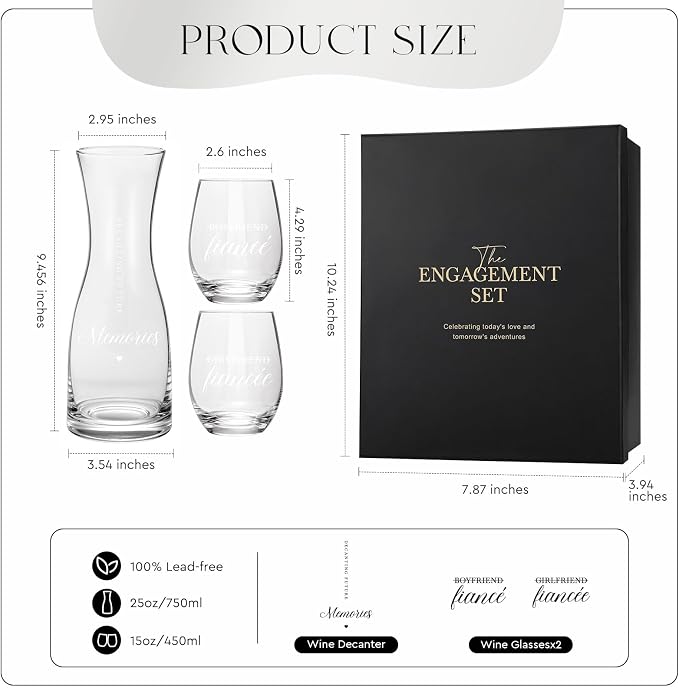 AW BRIDAL Engagement Gifts for Couples Wine Glasses Set, 2026 Fiance Gifts for Women and Newly Wed, Wedding Gift for Bride and Groom, Wine Decanter Set for Engagement and Bridal Shower