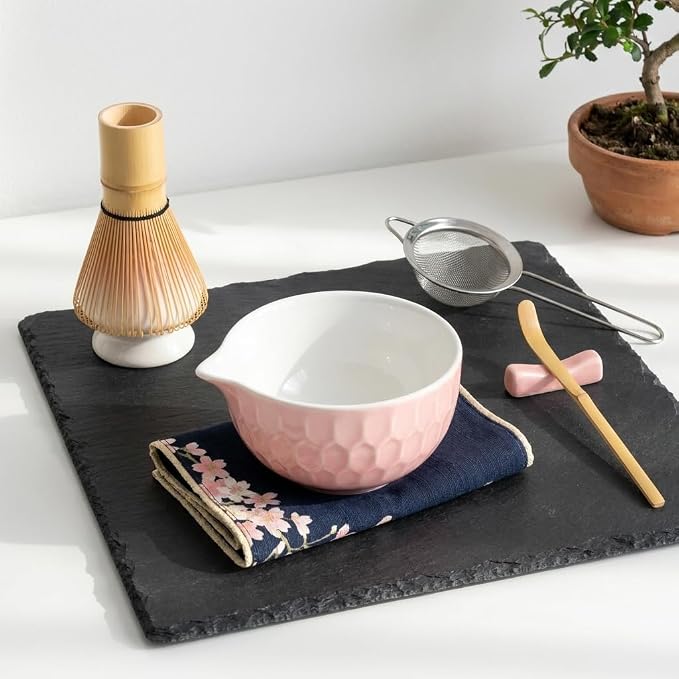 Matcha Whisk Set – Ceramic Matcha Bowl with Pour Spout, Bamboo Whisk, Whisk Holder, Scoop, Sifter – Japanese Matcha Kit for Beginners (Pink)