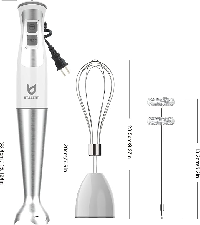 UTALENT 3-in-1 Immersion Hand Blender - Puree Baby Food, Sauces and Soups | 8-speed stick blender, Pure Copper Winding Motor, 5.2 feet power cord, 4-point Ice crush SS blade, Egg whisk, Milk frother