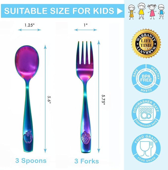 CHILLOUT LIFE Stainless Steel Kids Silverware Set 12 Pieces - Child and Toddler Safe Flatware - Kids Utensil Set - Metal Kids Cutlery Set (Includes 6 Small Kids Spoons & Kids 6 Forks, UV Rainbow)