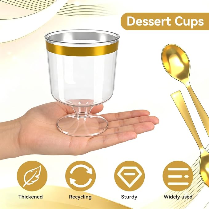 120Pcs Dessert Cups with Golden Spoon,5Oz Clear Plastic Parfait Cups,Mini Appetizer Cups Disposable Shooter Cups for Pudding Ice Cream Mousse Cake Birthday Party Events Supplies