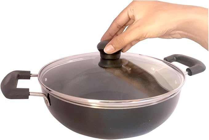 Deep Kadhai Induction Base Non-Stick Kadai with Glass Lid Non Stick Frying Pan Wok Flat Bottom Non Stick All Purpose Pan Non-Stick Aluminium Kadhai Deep Fry Pan (240mm) 2.2Ltr