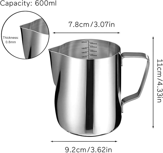 Stainless Steel Milk Frothing Pitcher Cappuccino Pitcher Pouring Jug Espresso Cup Creamer Cup for Latte Art, 20 Ounce (600 ML)