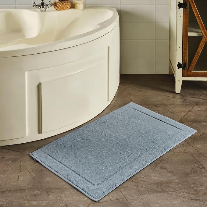 Hawmam Linen Light Blue Bath Mats, 21 x 34 inches, Pack of 2-100% Ring Spun Cotton,[Not a Bathroom Rug] Banded Design, Highly Absorbent, Machine Washable for Bathroom Floor Towel